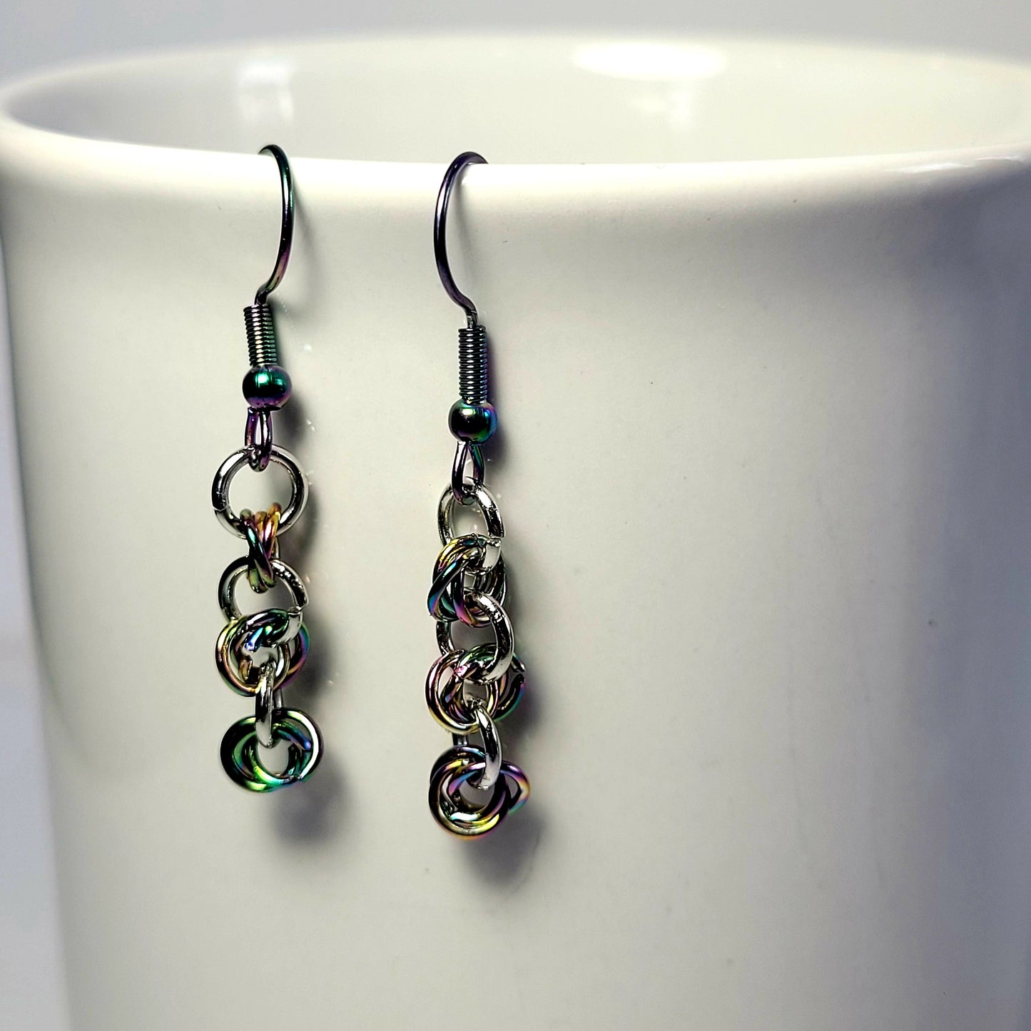 Earrings, multichrome rainbow dangle chainmail