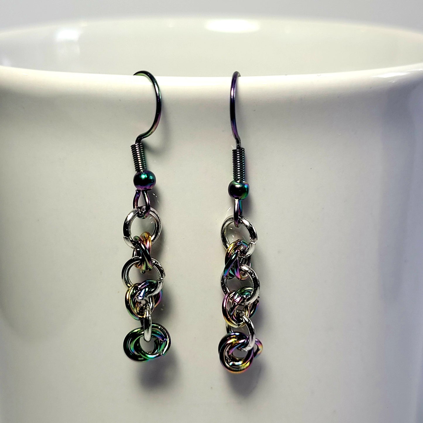 Earrings, multichrome rainbow dangle chainmail