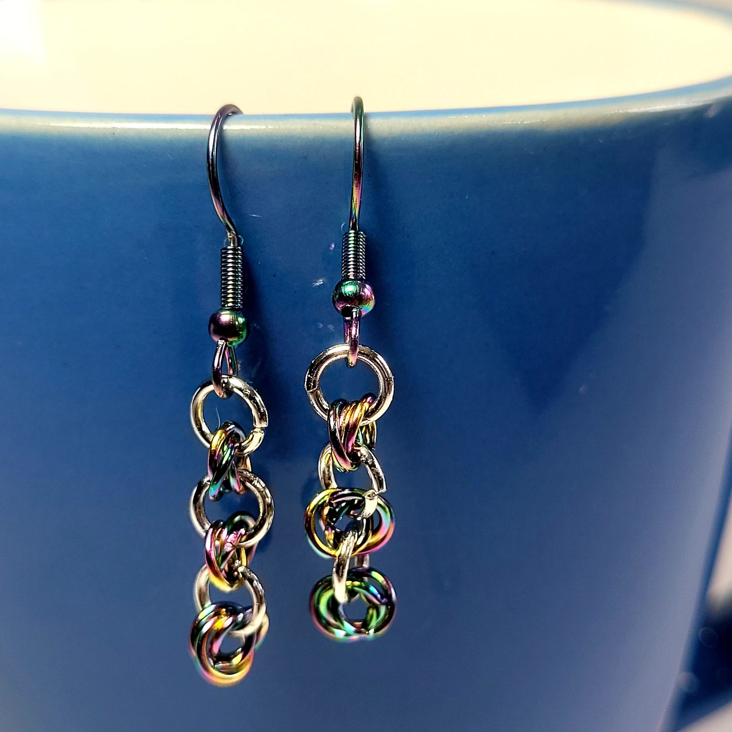 Bracelet and earring set, multichrome, rainbow stainless steel chainmail