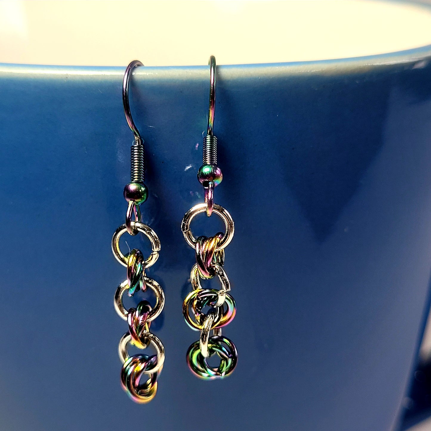 Earrings, multichrome rainbow dangle chainmail