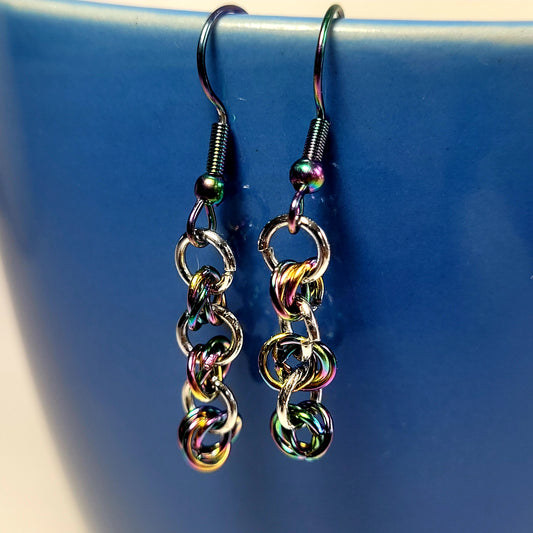 Earrings, multichrome rainbow dangle chainmail