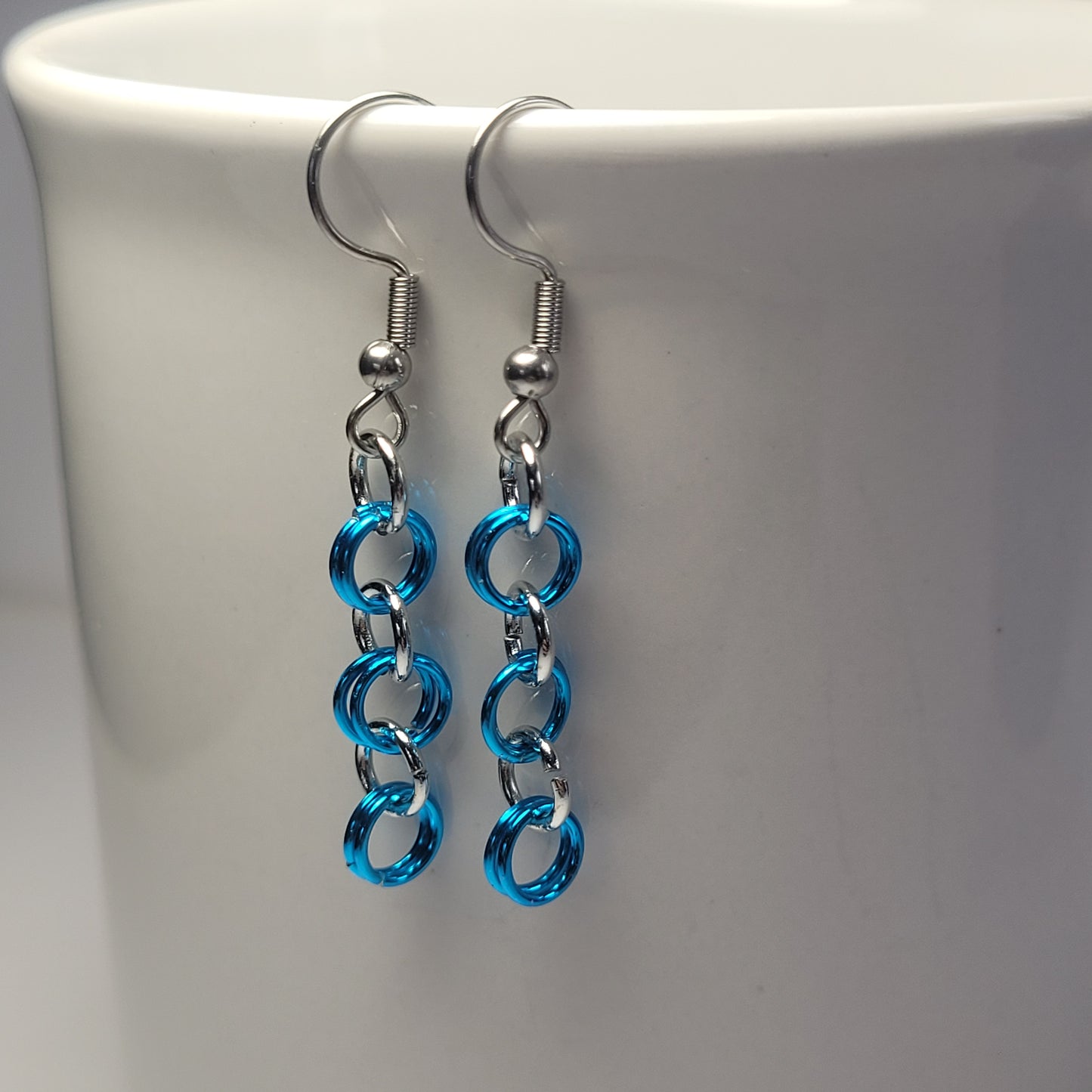 Earrings, blue and silver chainmail