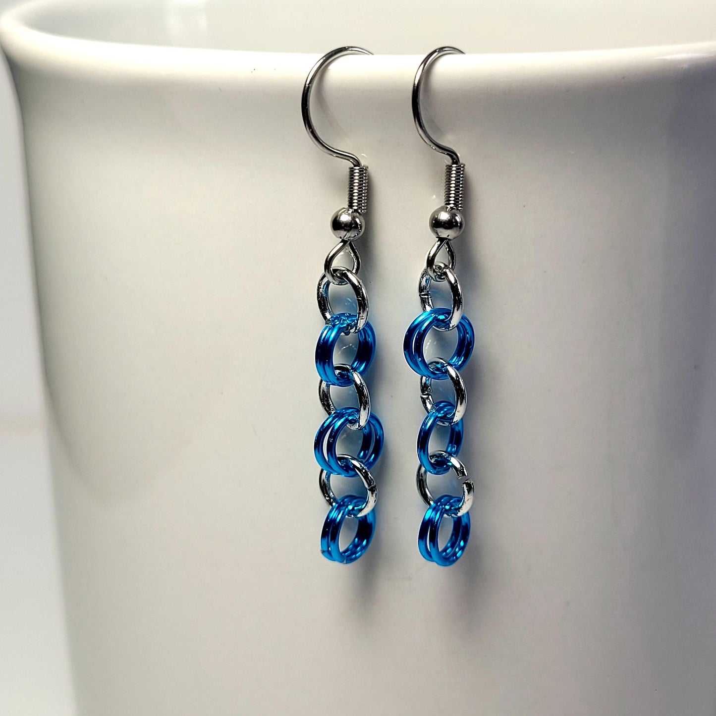 Earrings, blue and silver chainmail