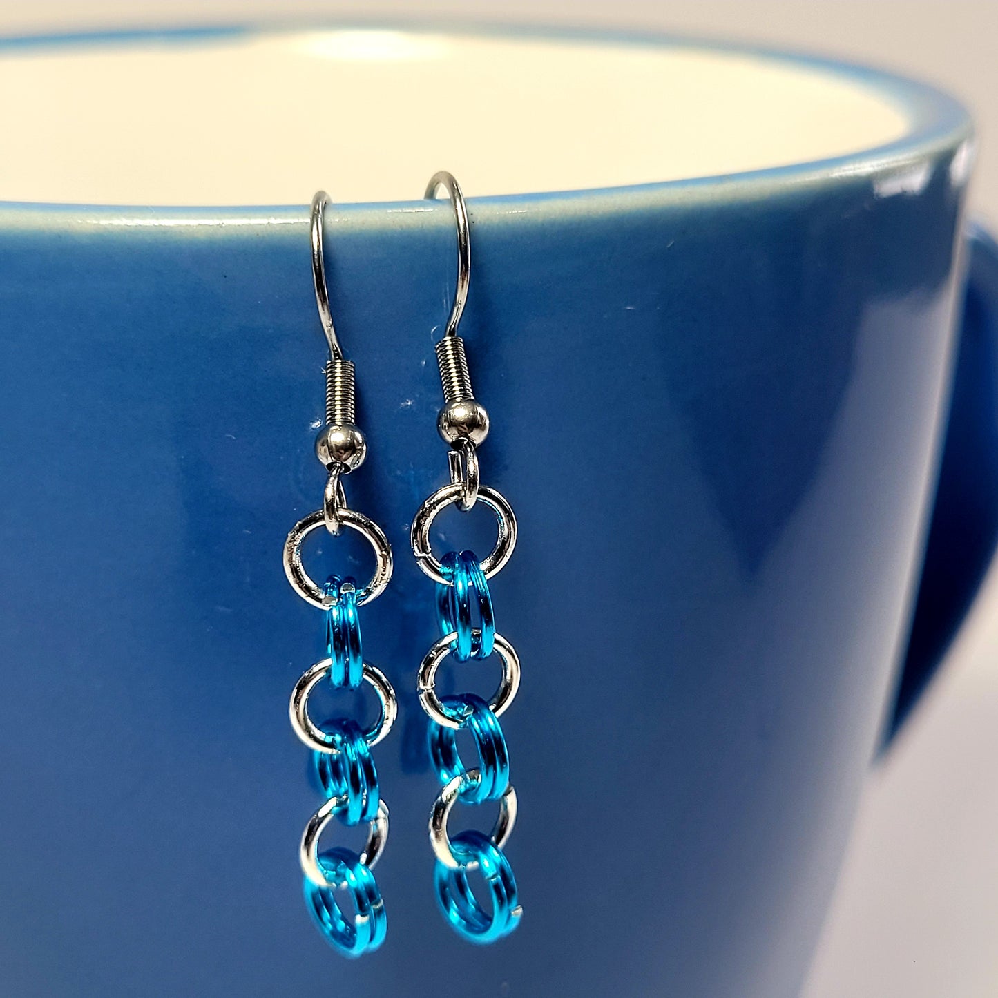 Earrings, blue and silver chainmail