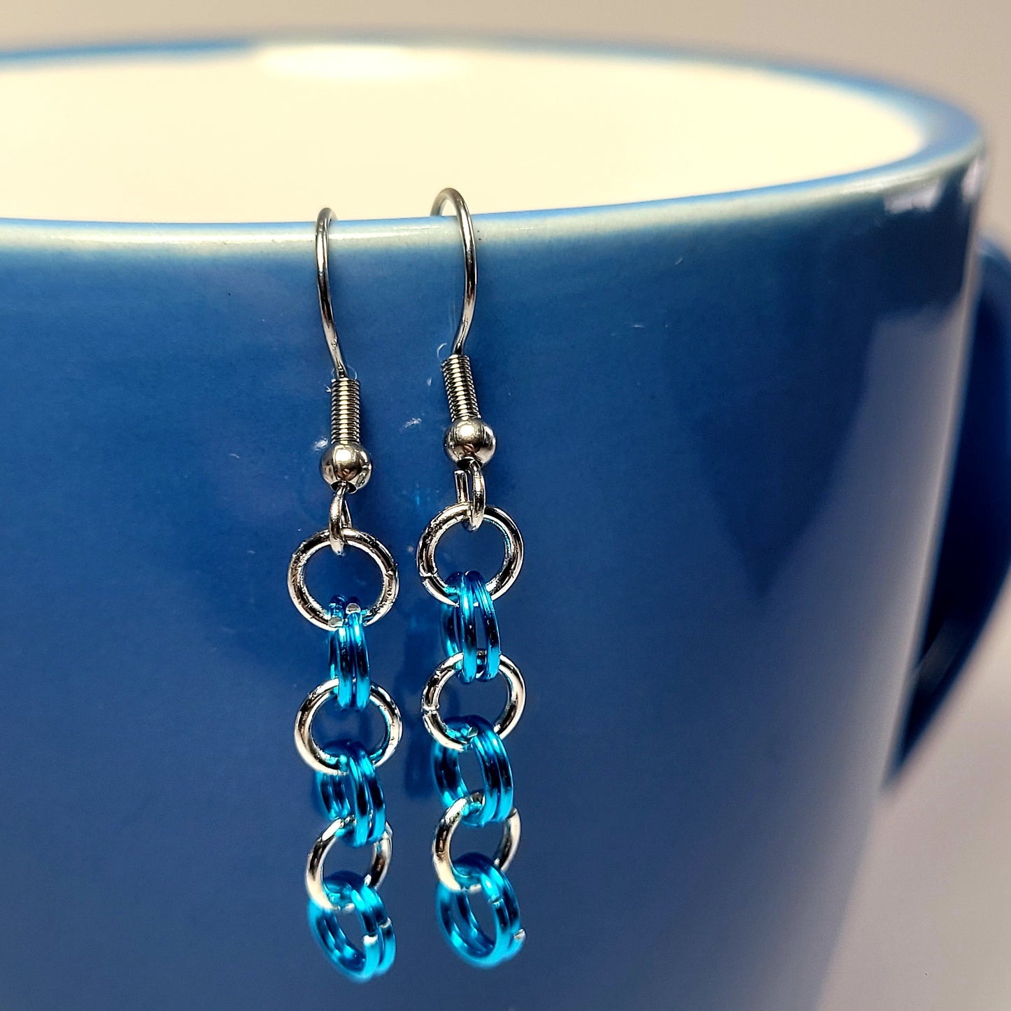 Earrings, blue and silver chainmail