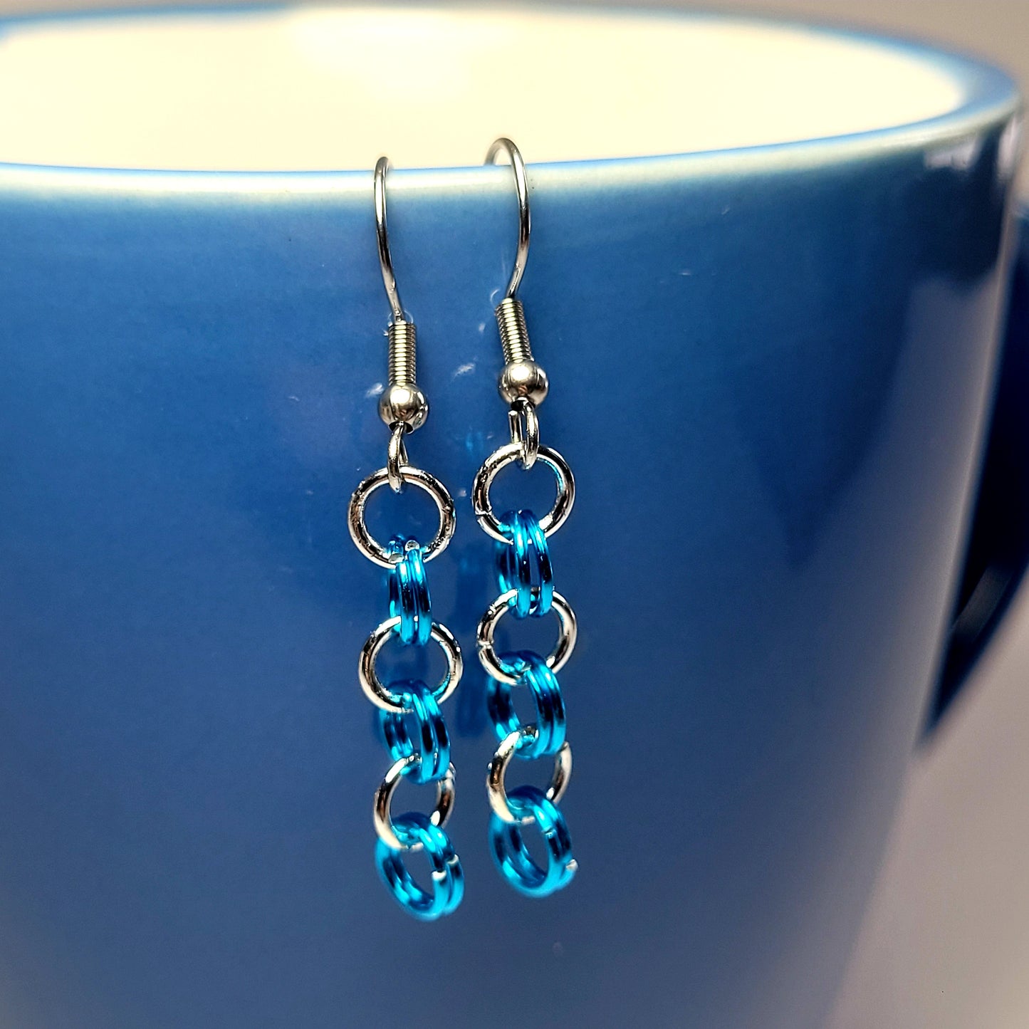 Earrings, blue and silver chainmail