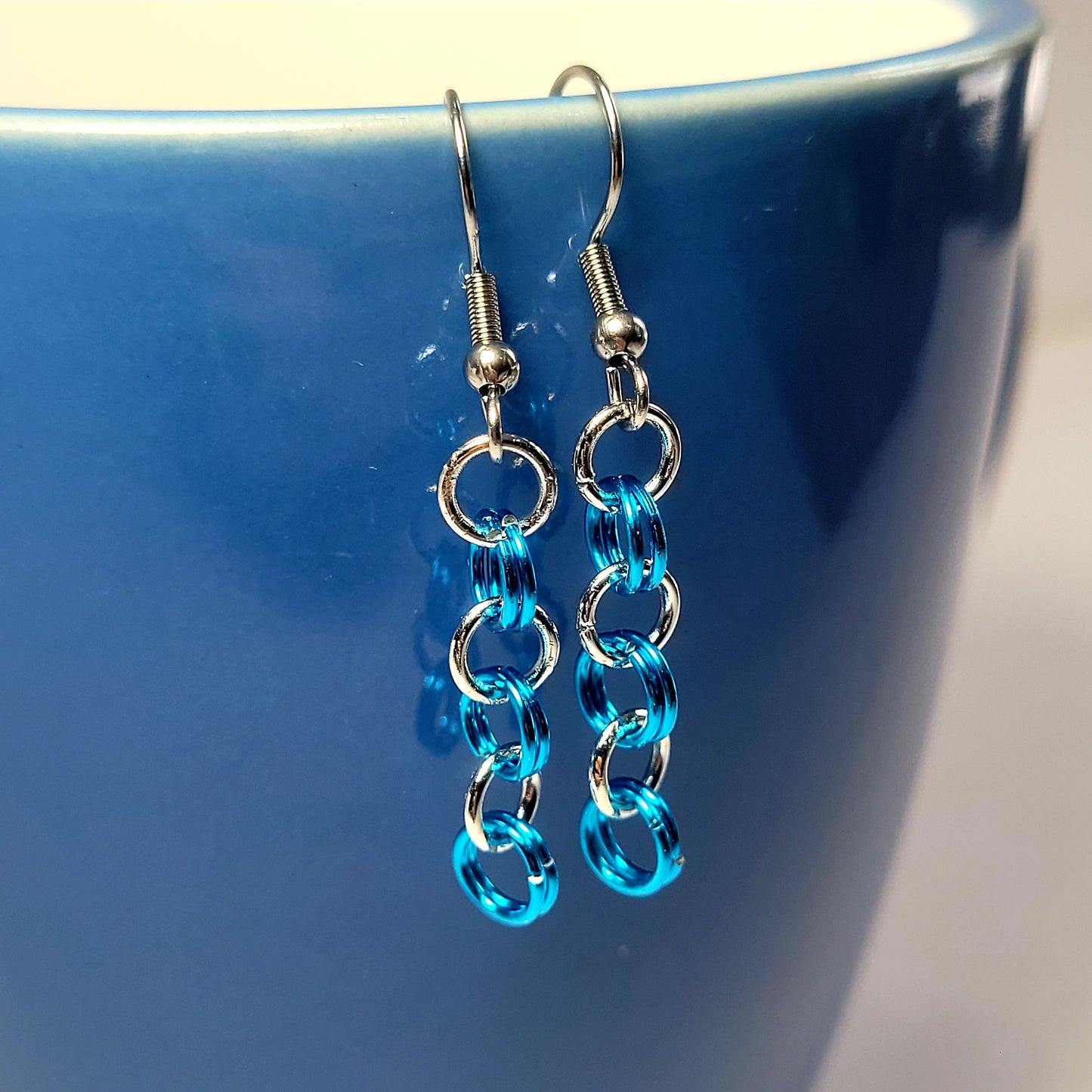 Earrings, blue and silver chainmail