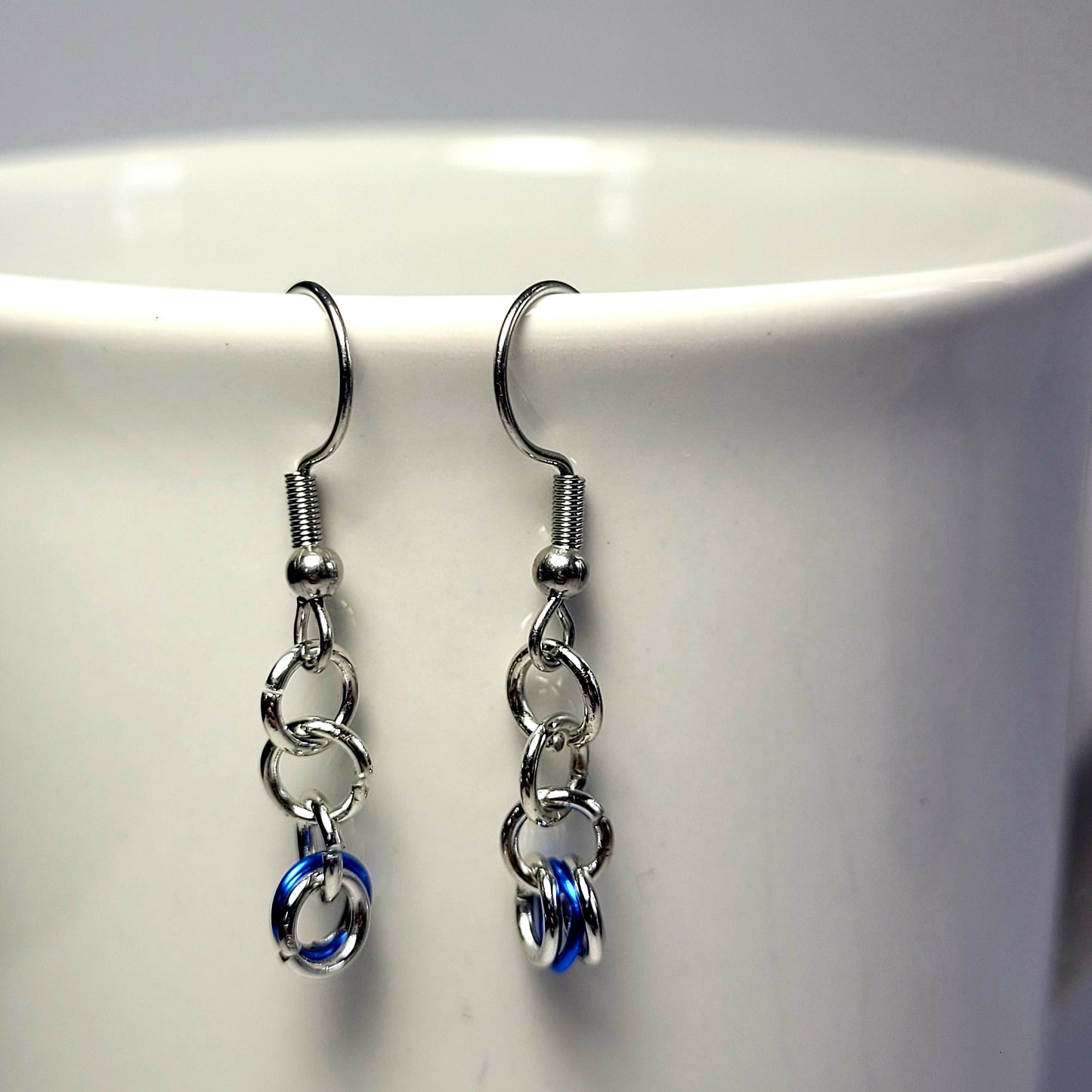 Earrings, dark blue and silver chainmail
