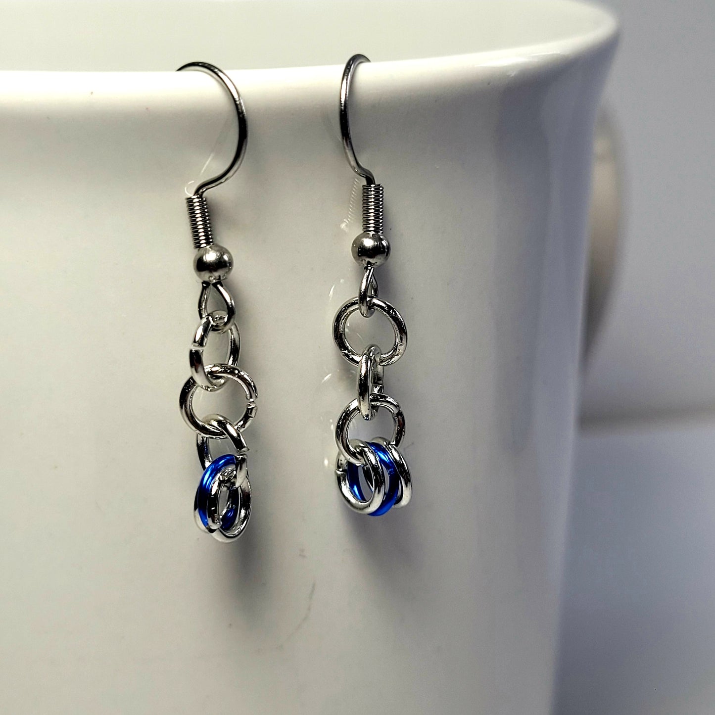 Earrings, dark blue and silver chainmail