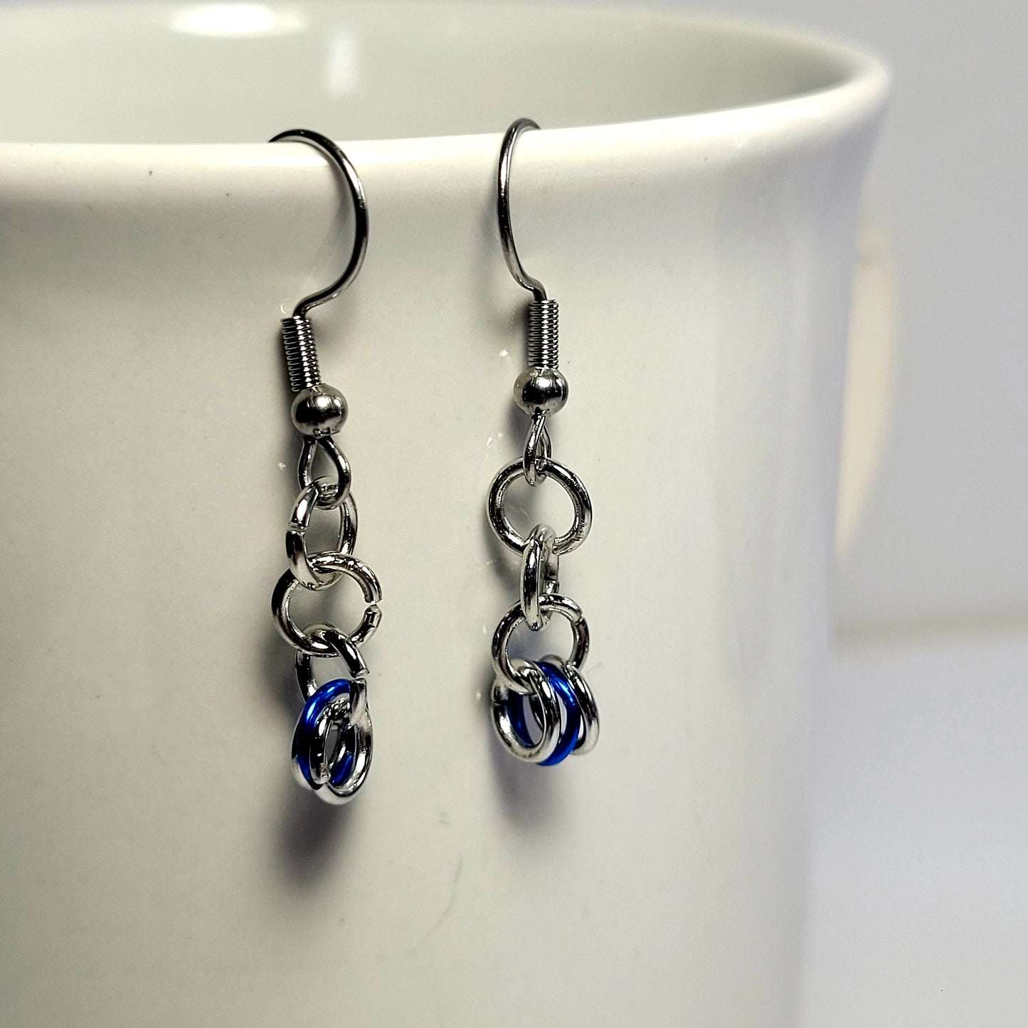 Earrings, dark blue and silver chainmail