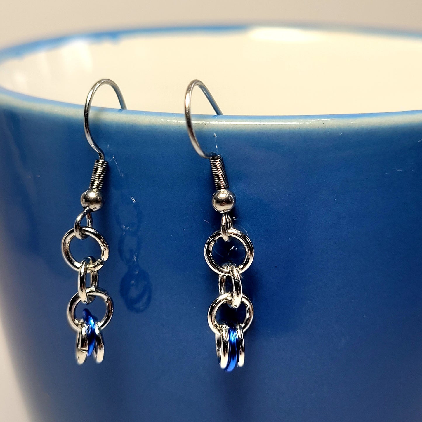 Earrings, dark blue and silver chainmail