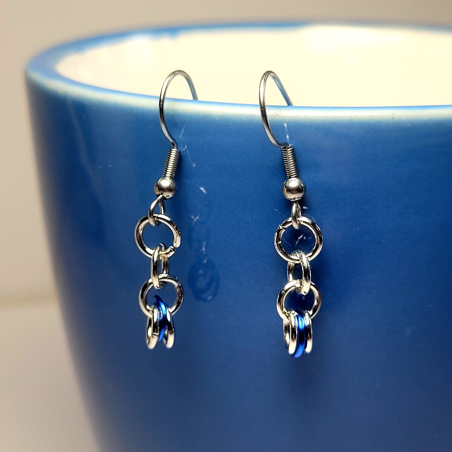 Earrings, dark blue and silver chainmail