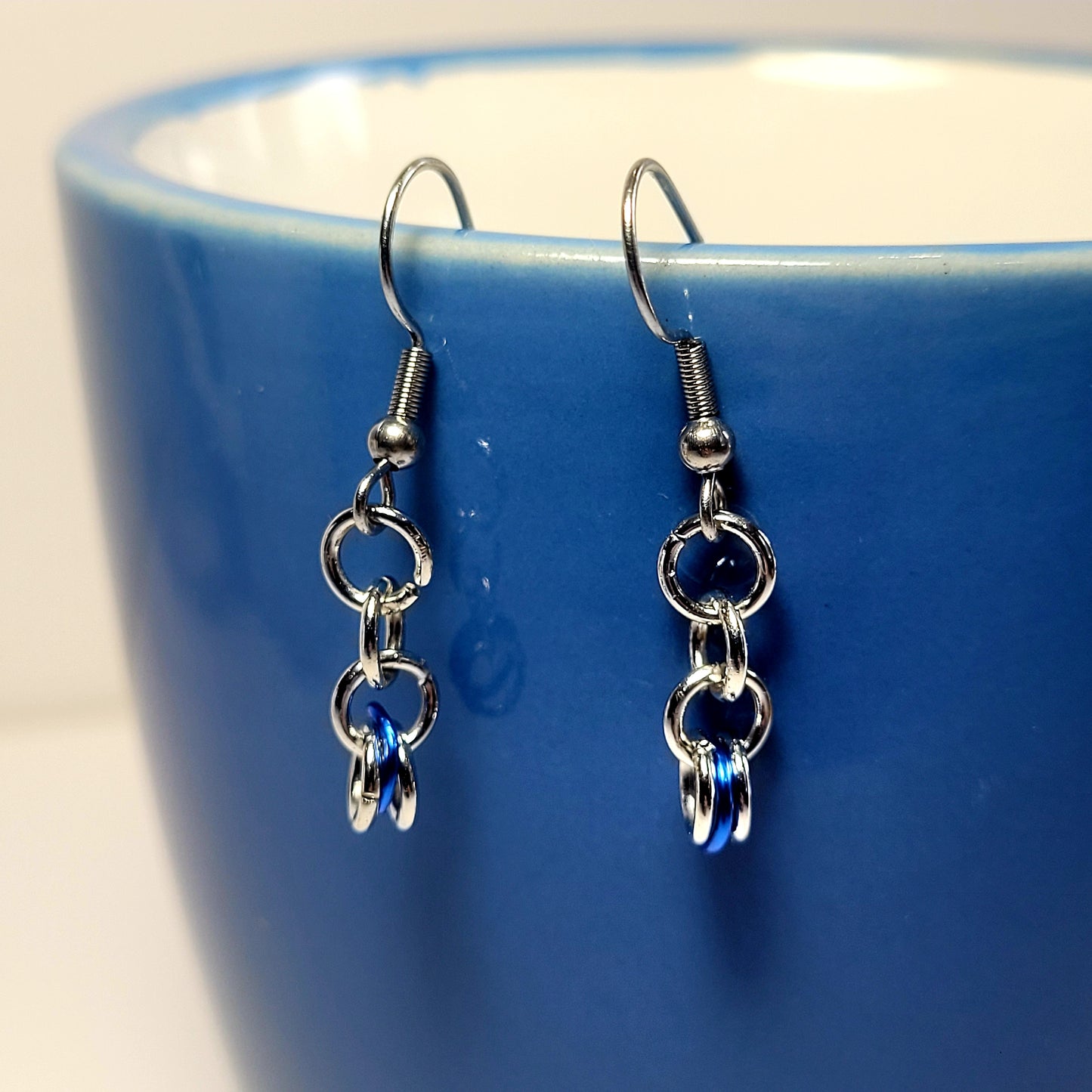 Earrings, dark blue and silver chainmail