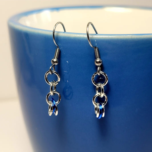 Earrings, dark blue and silver chainmail