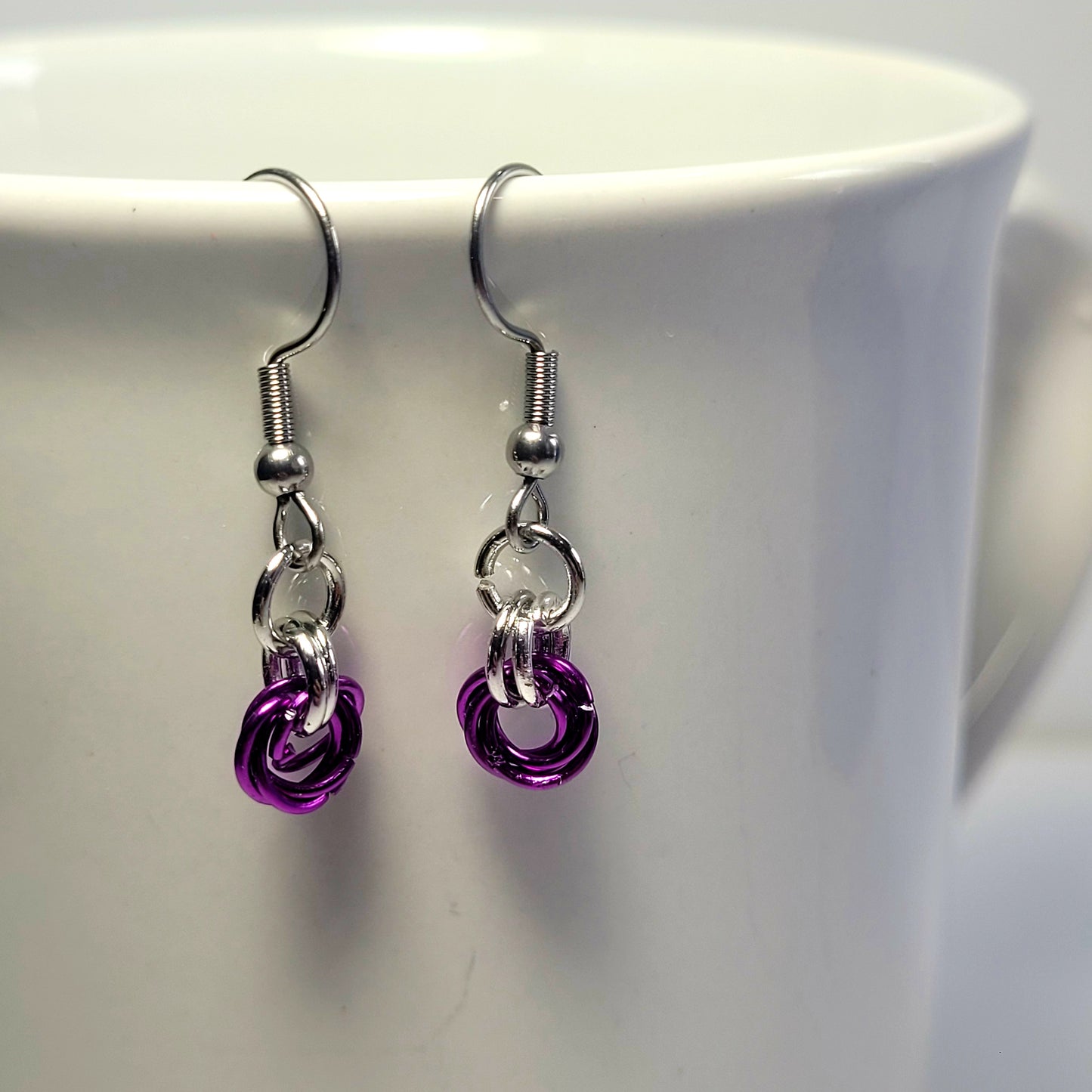 Earrings, purple and silver chainmail