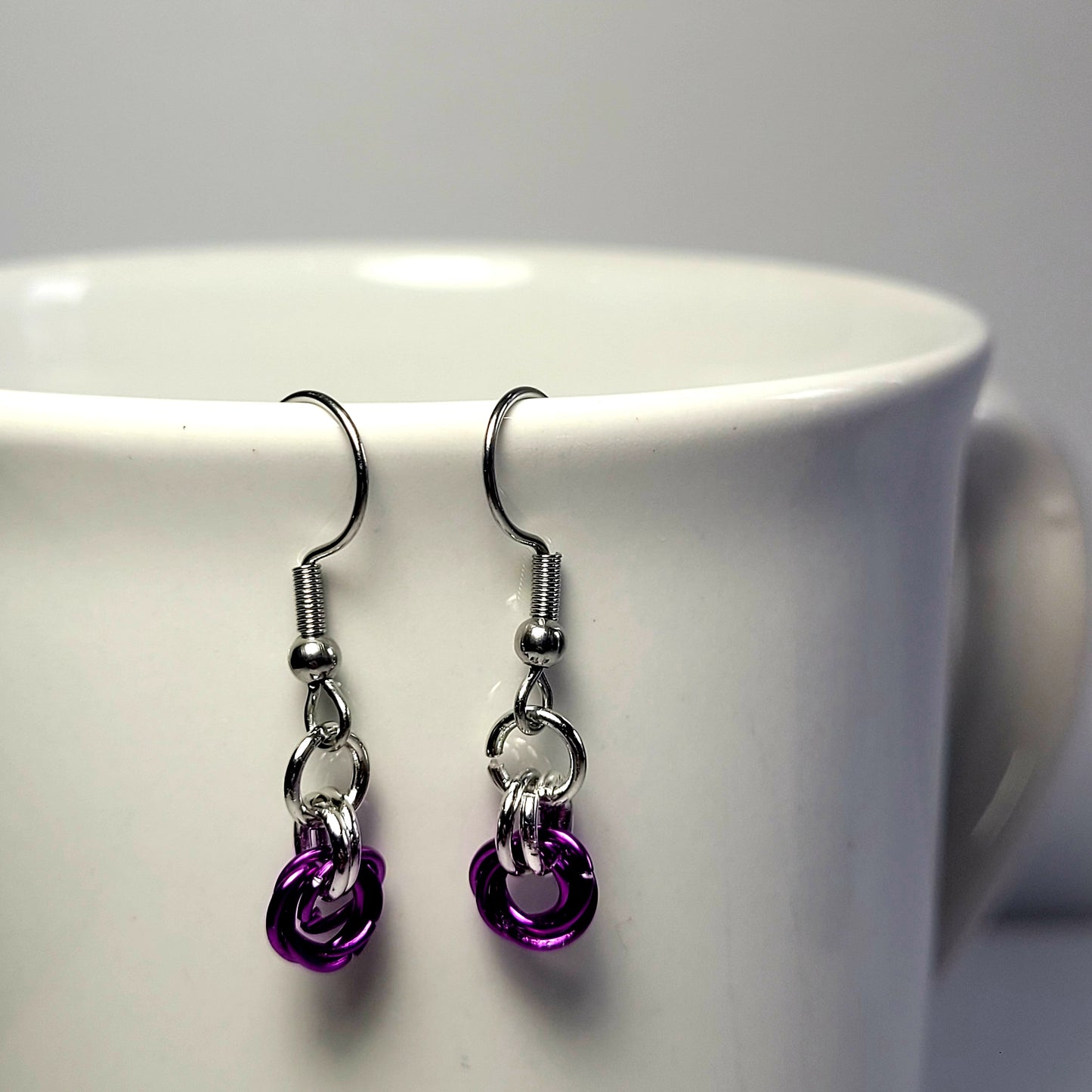 Earrings, purple and silver chainmail