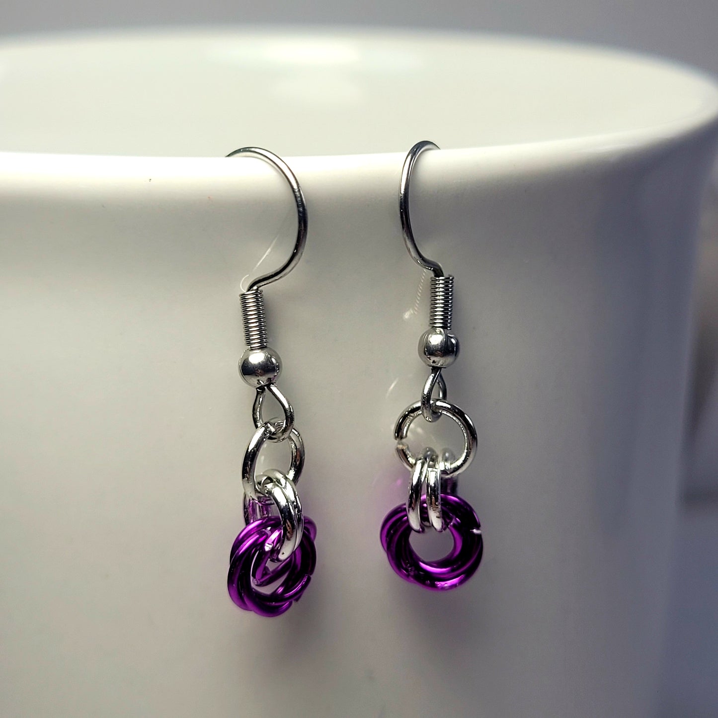 Earrings, purple and silver chainmail