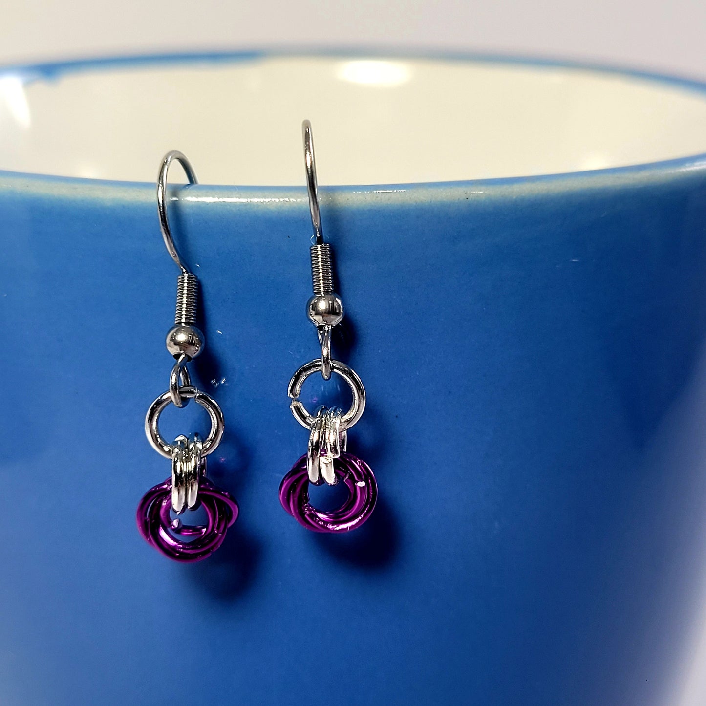 Earrings, purple and silver chainmail