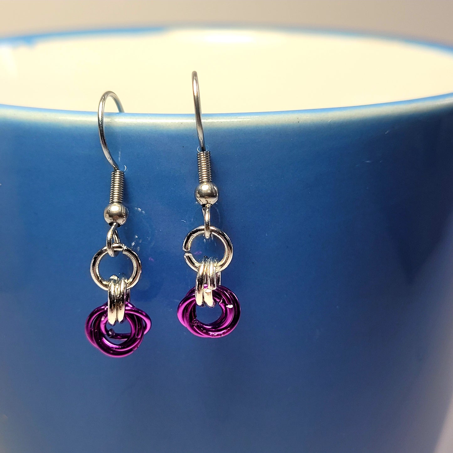 Earrings, purple and silver chainmail