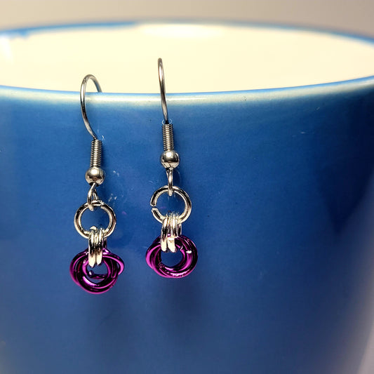 Earrings, purple and silver chainmail