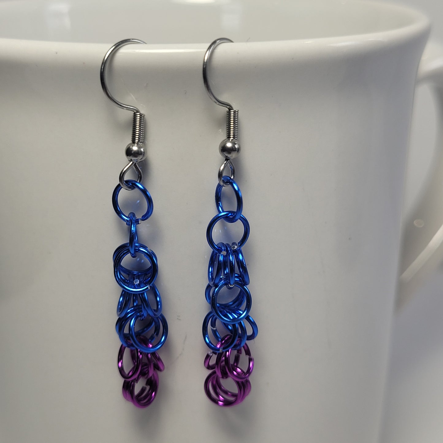 Earrings, purple and blue chainmail