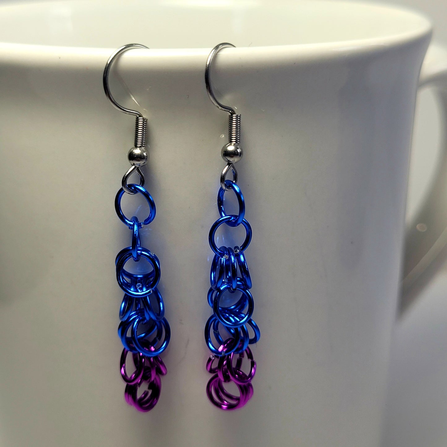 Earrings, purple and blue chainmail
