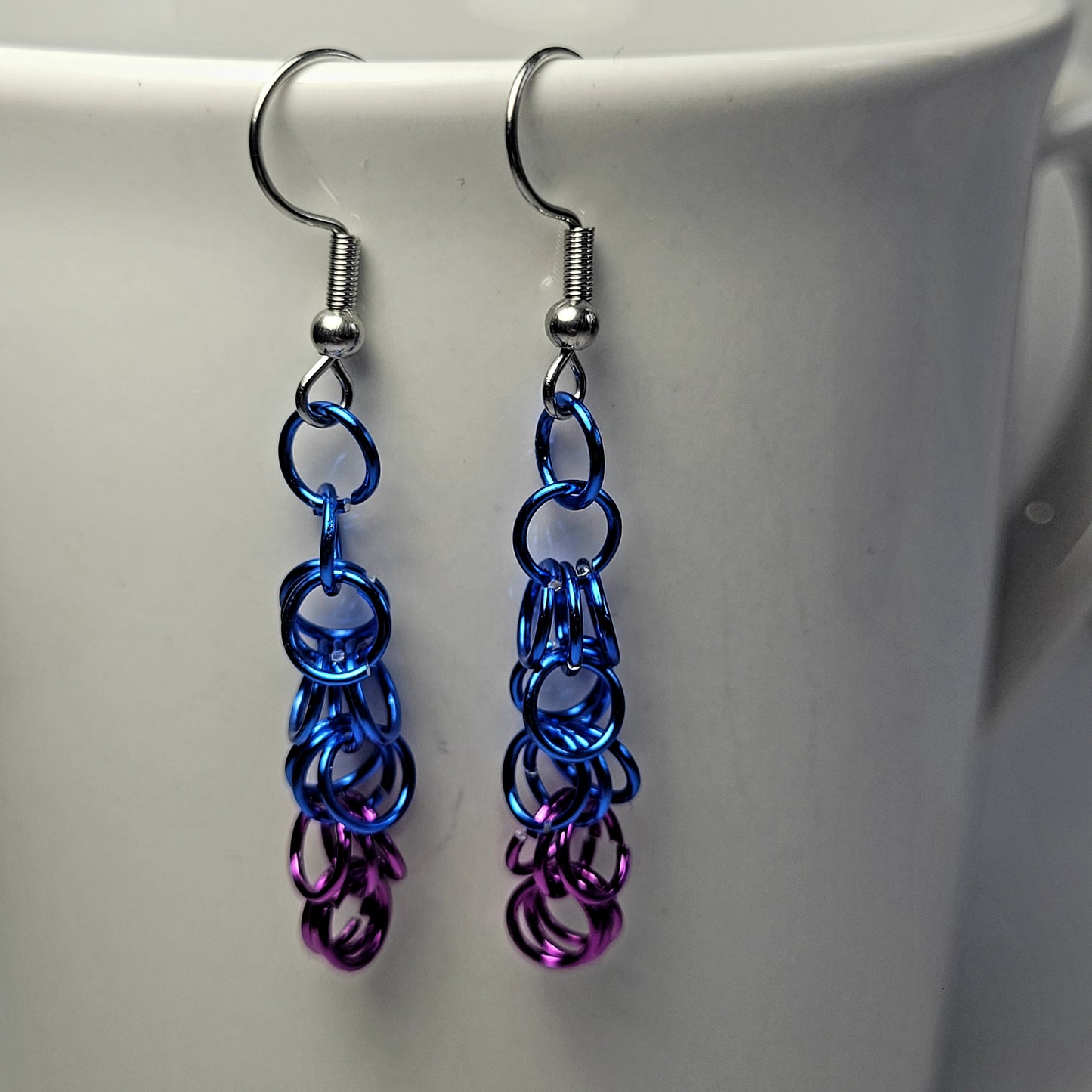 Earrings, purple and blue chainmail