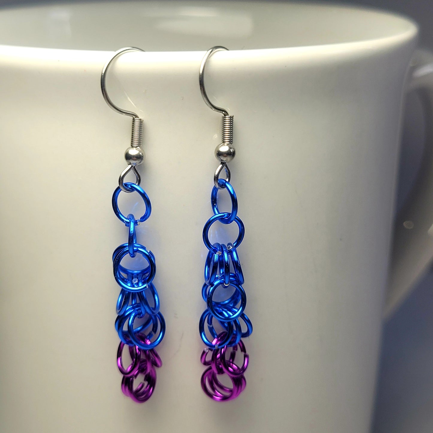 Earrings, purple and blue chainmail