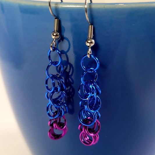 Earrings, purple and blue chainmail