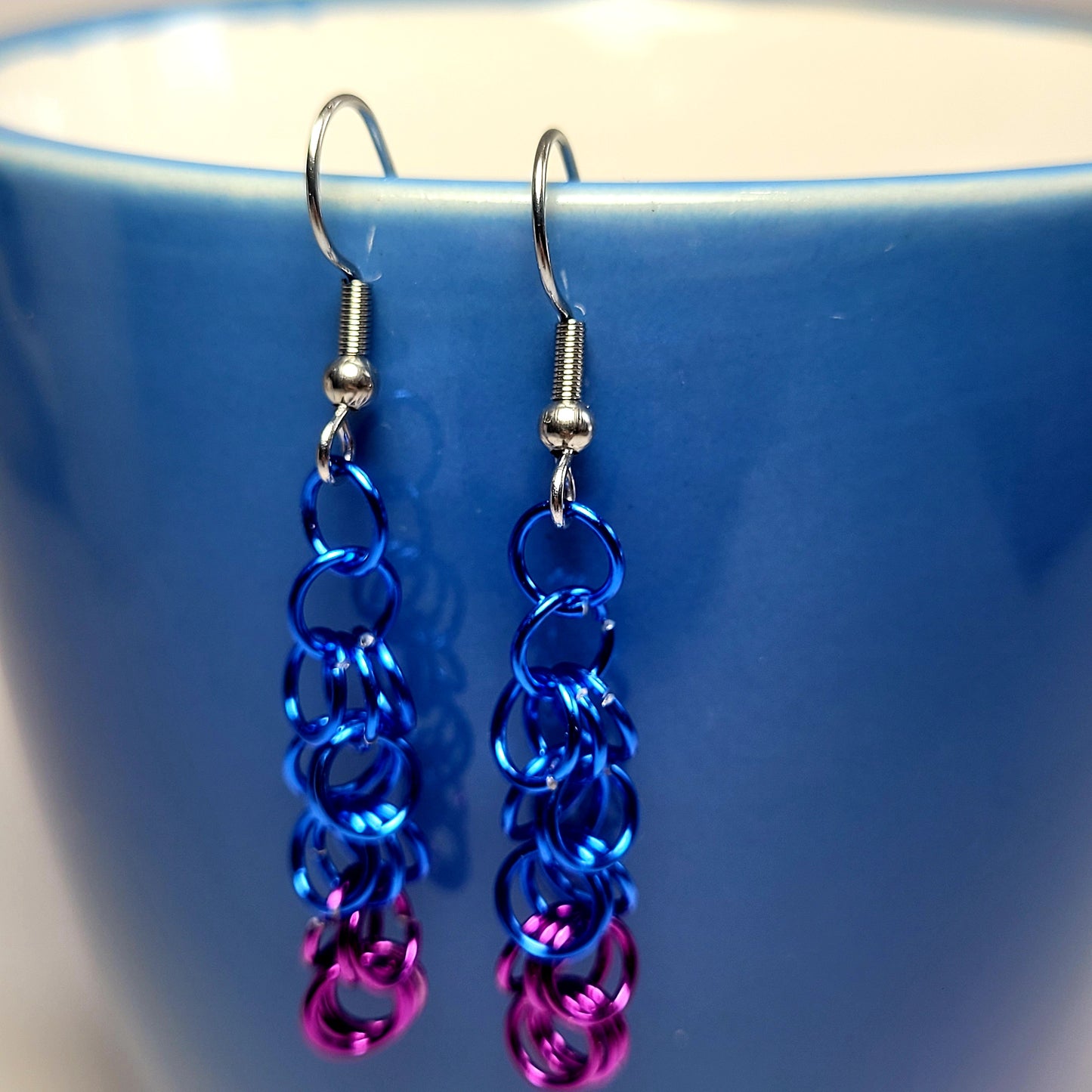 Earrings, purple and blue chainmail