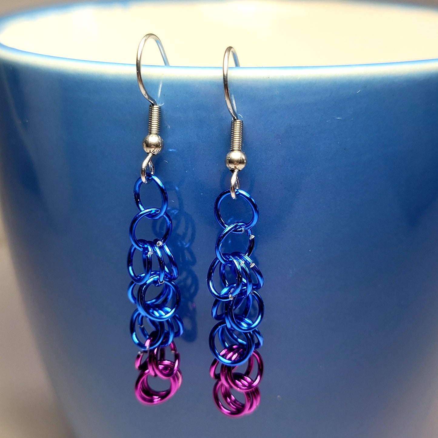 Earrings, purple and blue chainmail