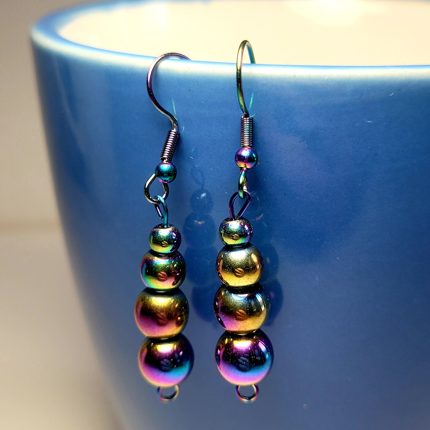 Earrings, multichrome rainbow bead