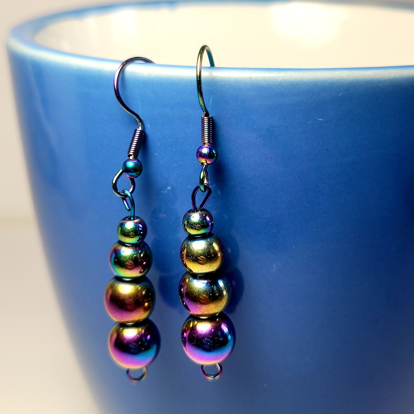 Earrings, multichrome rainbow bead