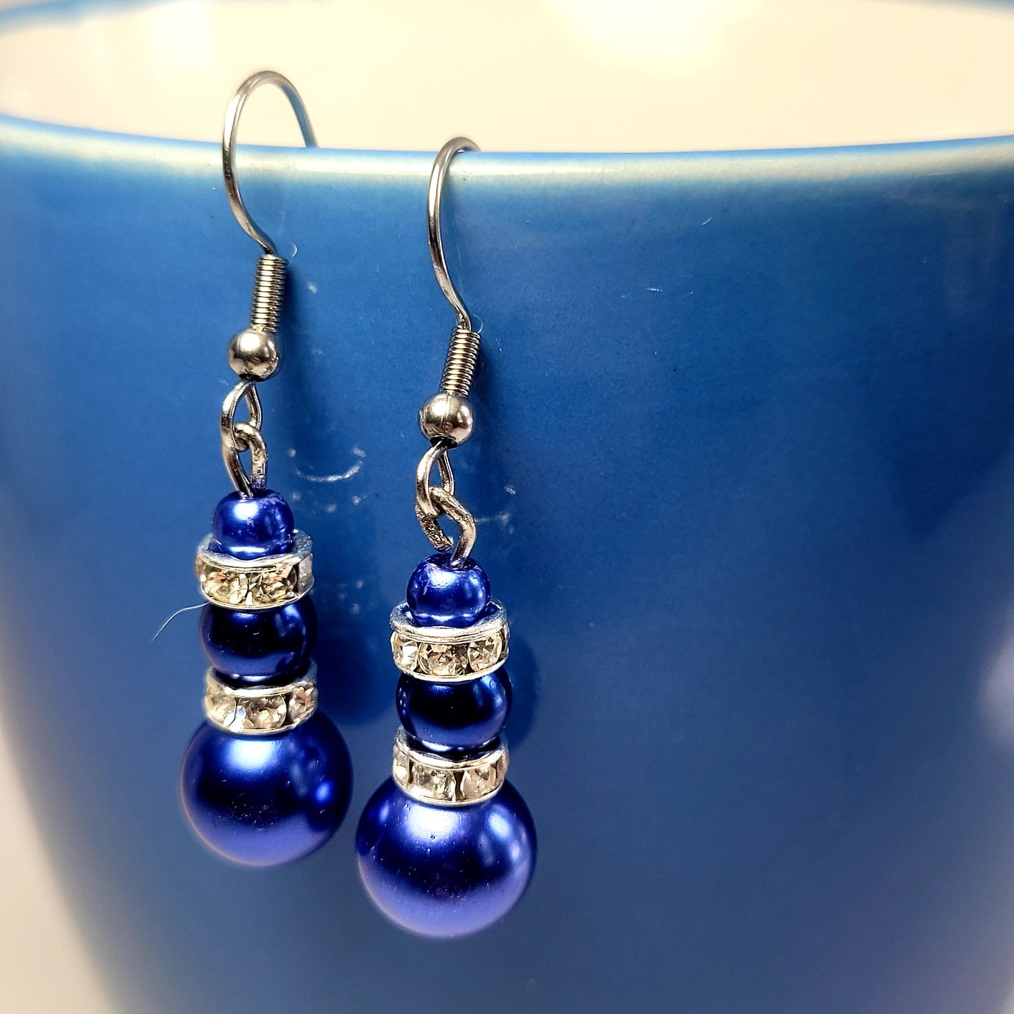 Earrings, blue beads with diamonds