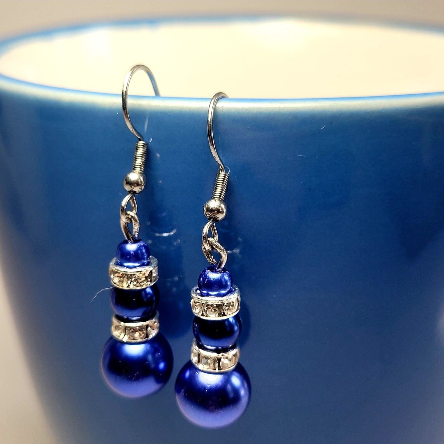 Earrings, blue beads with diamonds