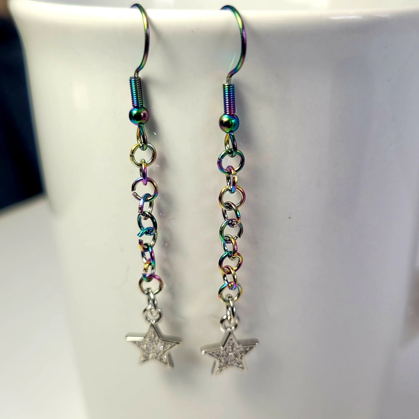 Earrings, multichrome rainbow chainmaille with dangle star