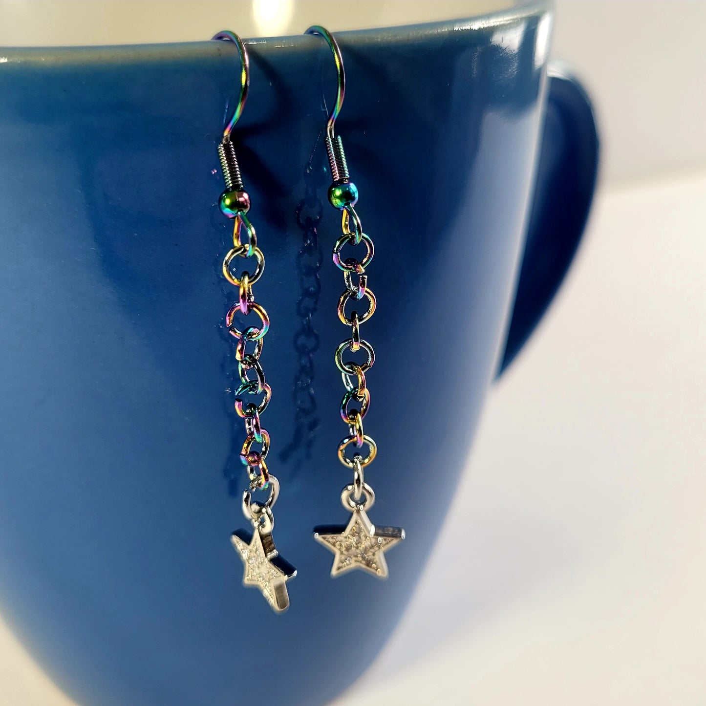 Earrings, multichrome rainbow chainmaille with dangle star