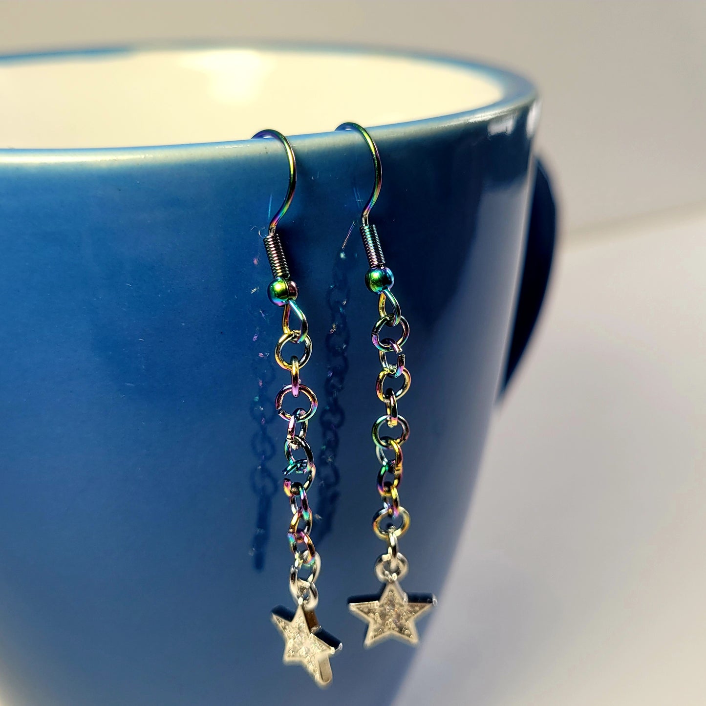 Earrings, multichrome rainbow chainmaille with dangle star