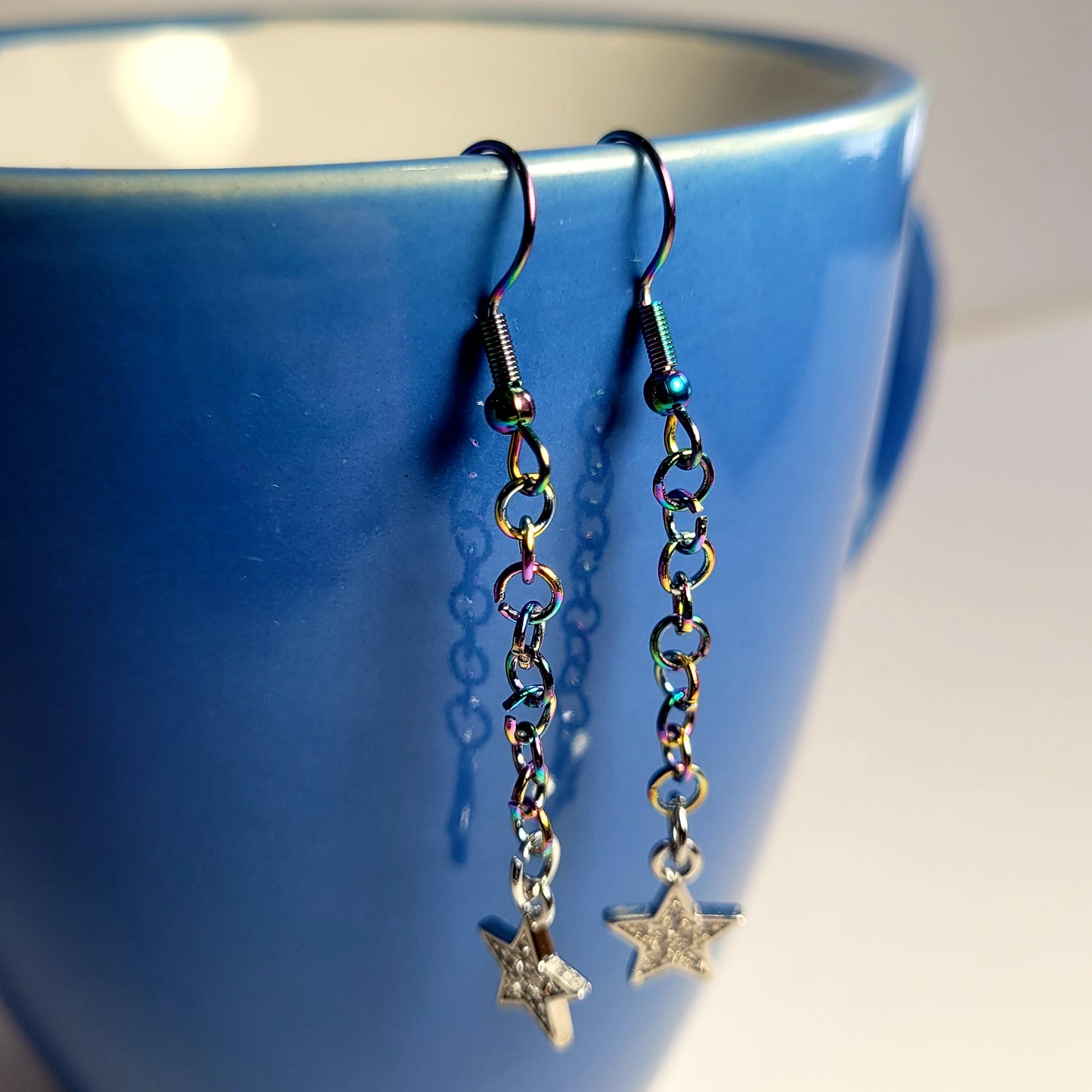Earrings, multichrome rainbow chainmaille with dangle star