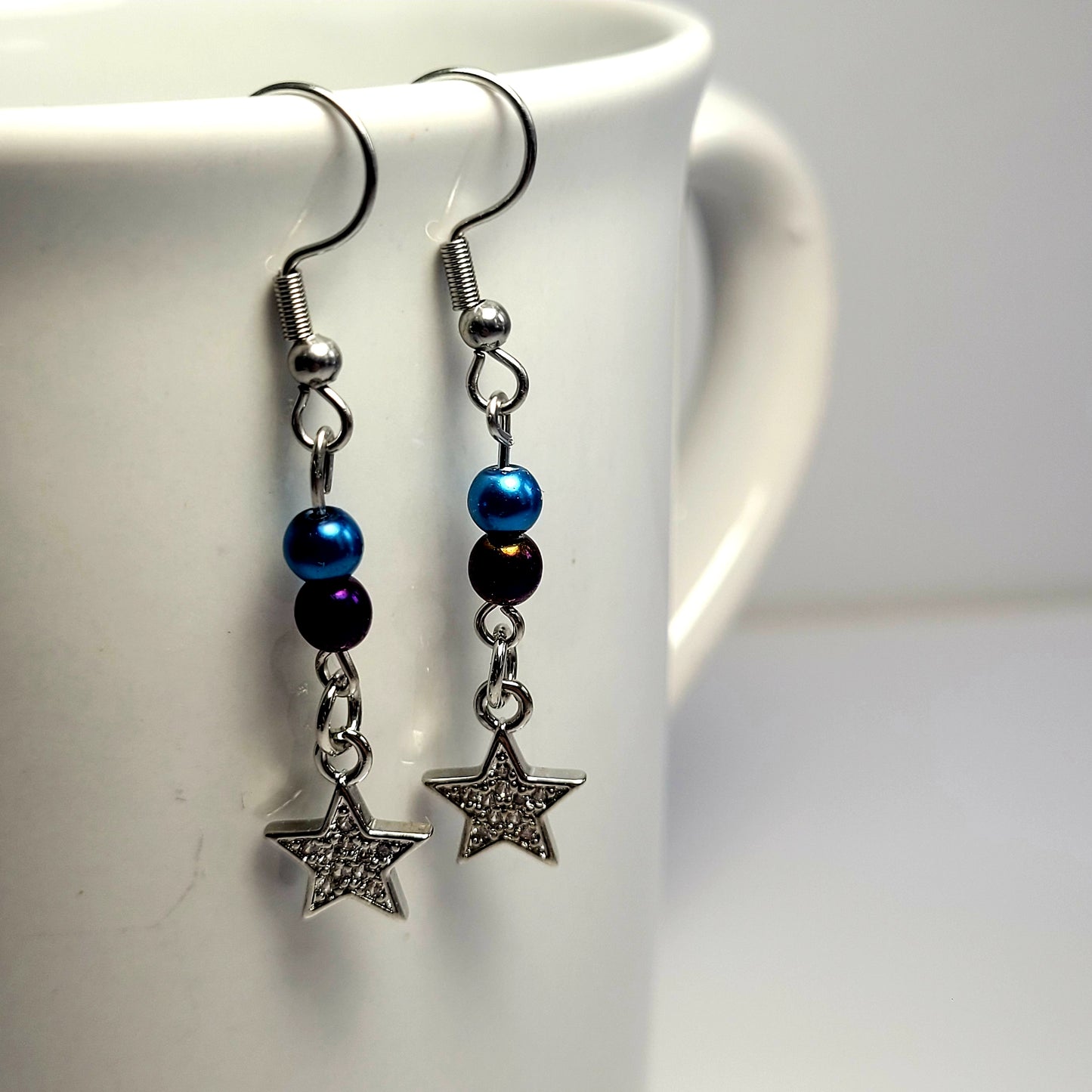Earrings, blue and purple bead with dangle diamond star