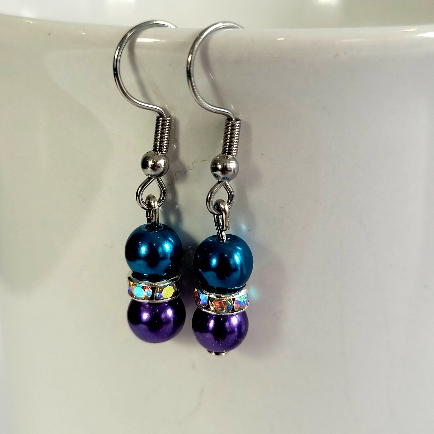 Earrings, blue and purple beads with diamonds