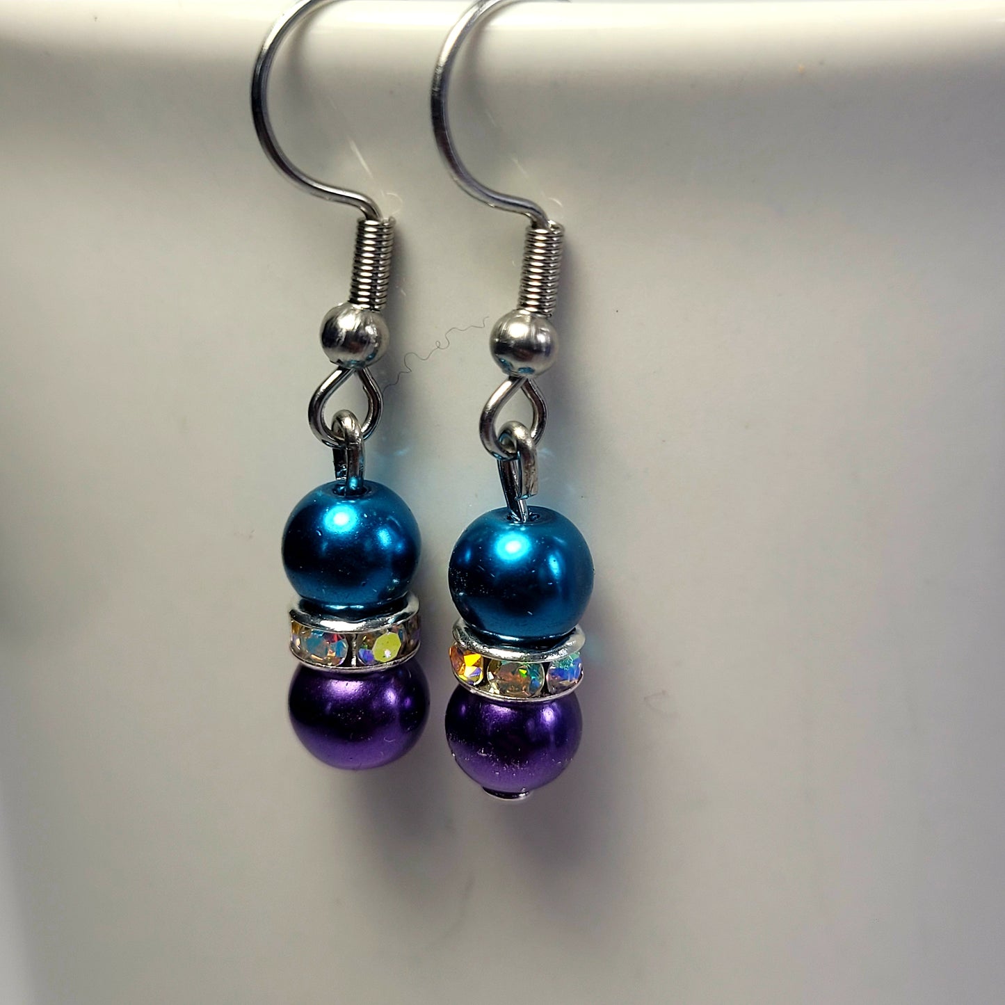 Earrings, blue and purple beads with diamonds