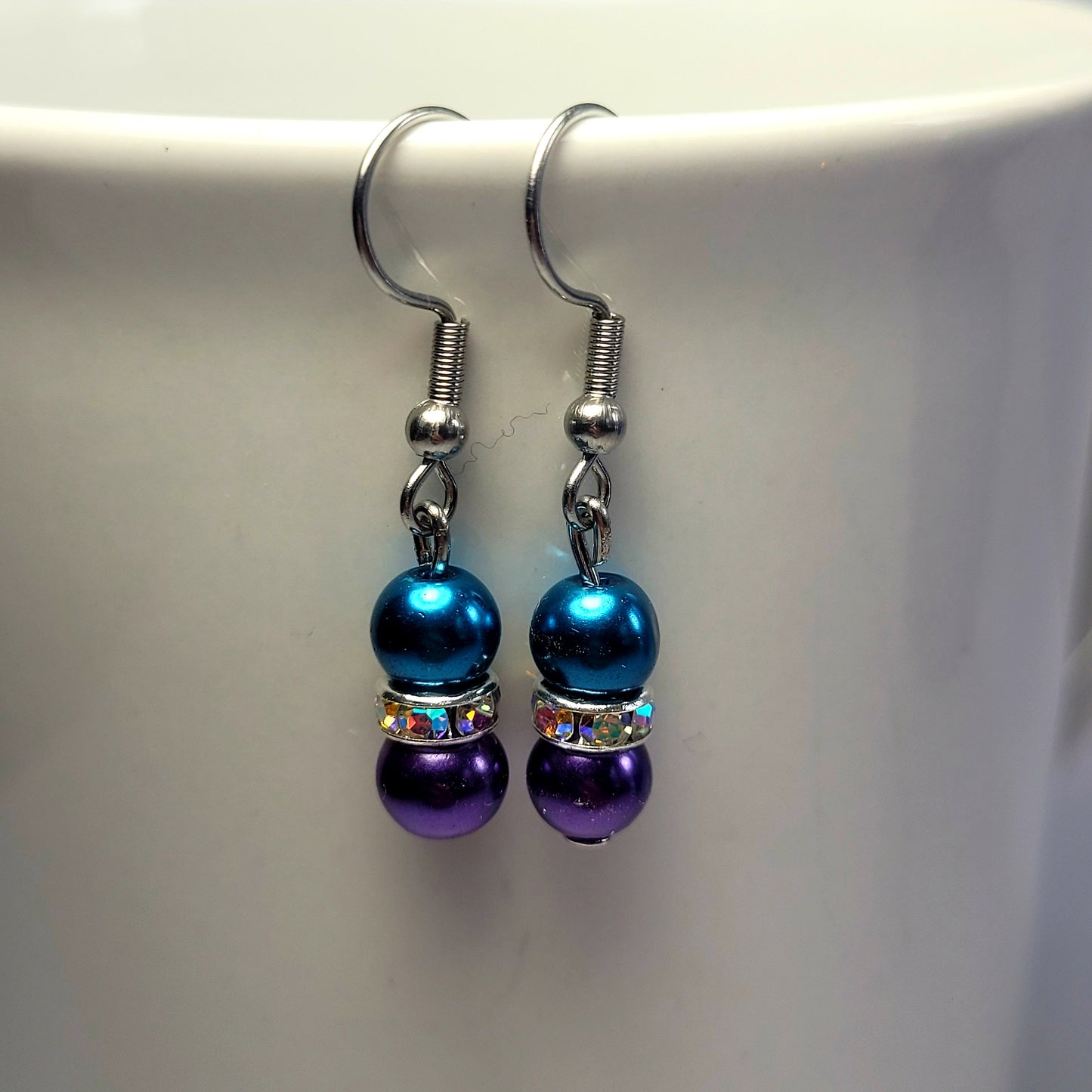 Earrings, blue and purple beads with diamonds