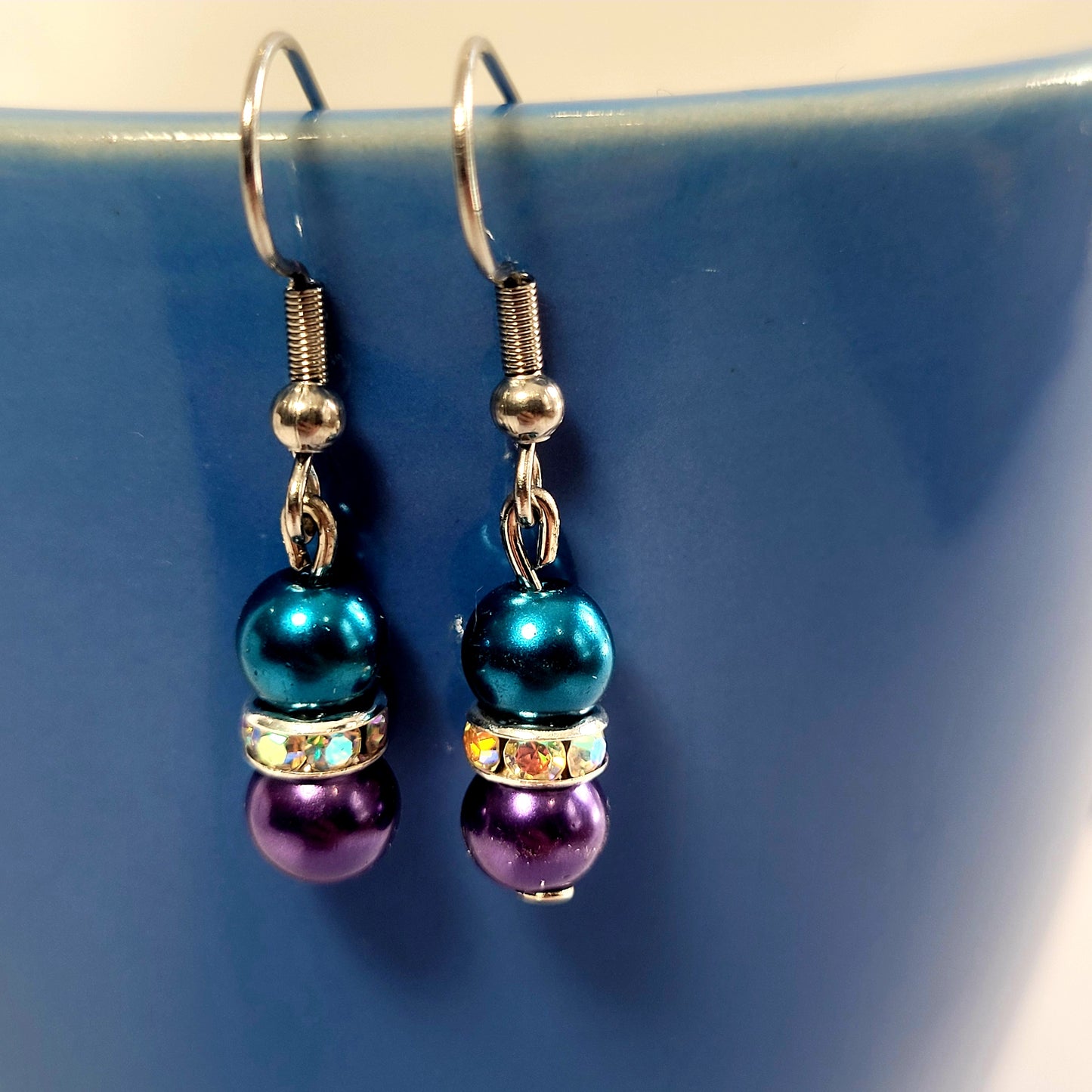 Earrings, blue and purple beads with diamonds