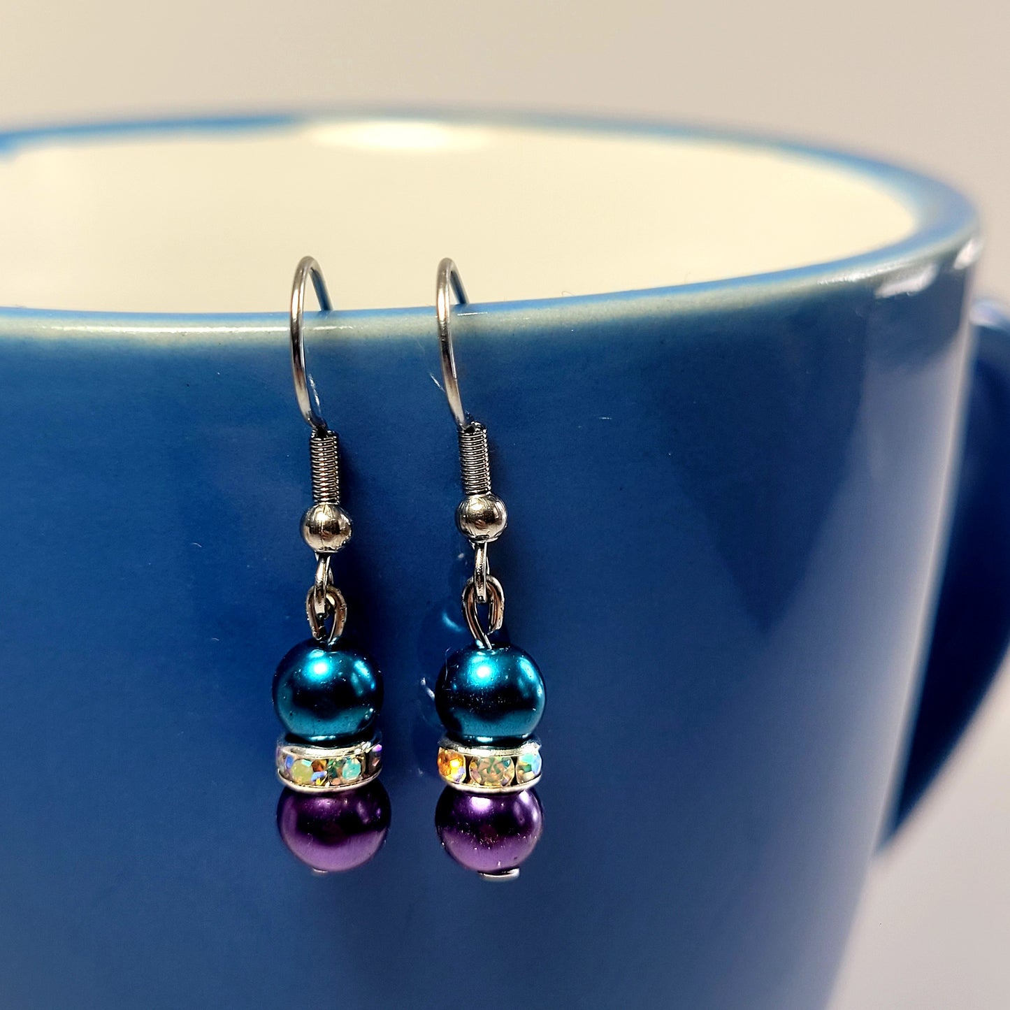 Earrings, blue and purple beads with diamonds