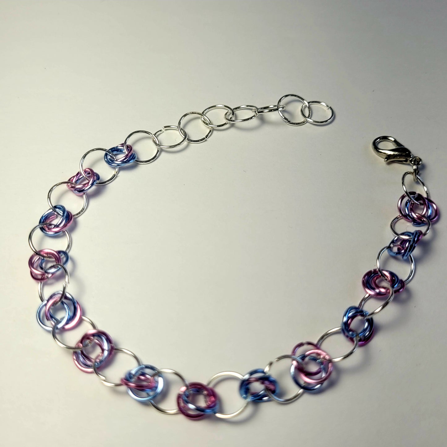 Bracelet, light pink, light blue and silver chainmail
