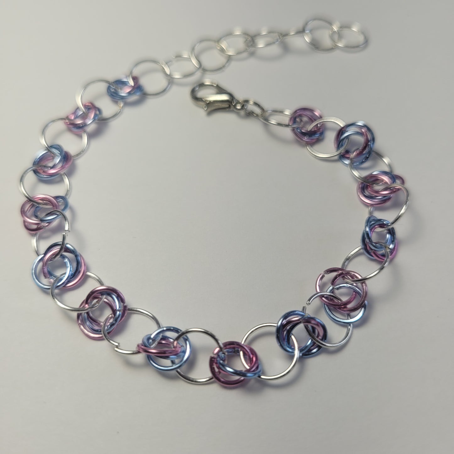 Bracelet, light pink, light blue and silver chainmail