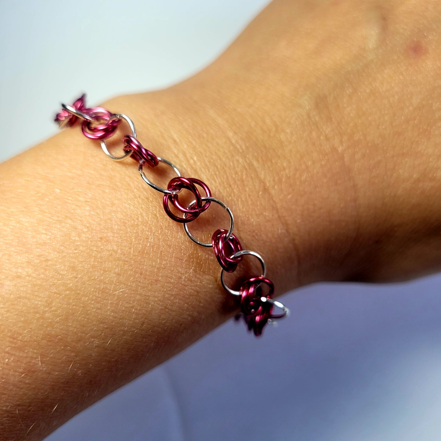 Bracelet, pink and silver chainmail