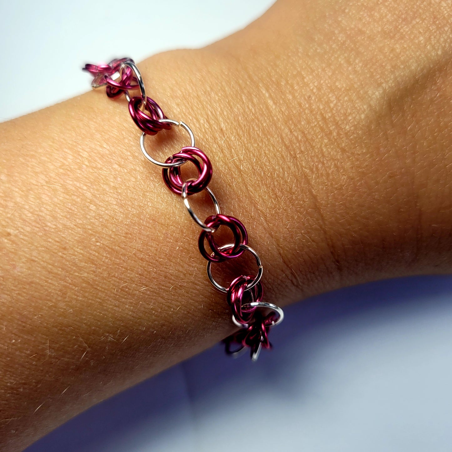 Bracelet, pink and silver chainmail