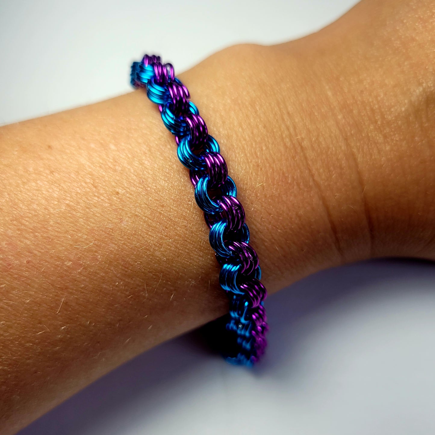 Bracelet, blue and purple chainmail